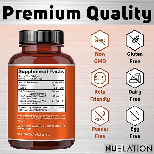 Miniatura 3 de Aceite de pescado de 2000 mg  Aceite de pescado omega 3 capturado en la naturaleza, 120 cápsulas blandas  Sin OMG, sin gluten, apto para dieta