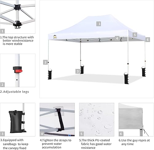 Miniatura 4 de CROWN SHADES Tienda de campaña desplegable de 10 x 15 pies, marco grueso, tienda comercial resistente, 8 estacas y 4 sacos de arena y 4 cuerdas,