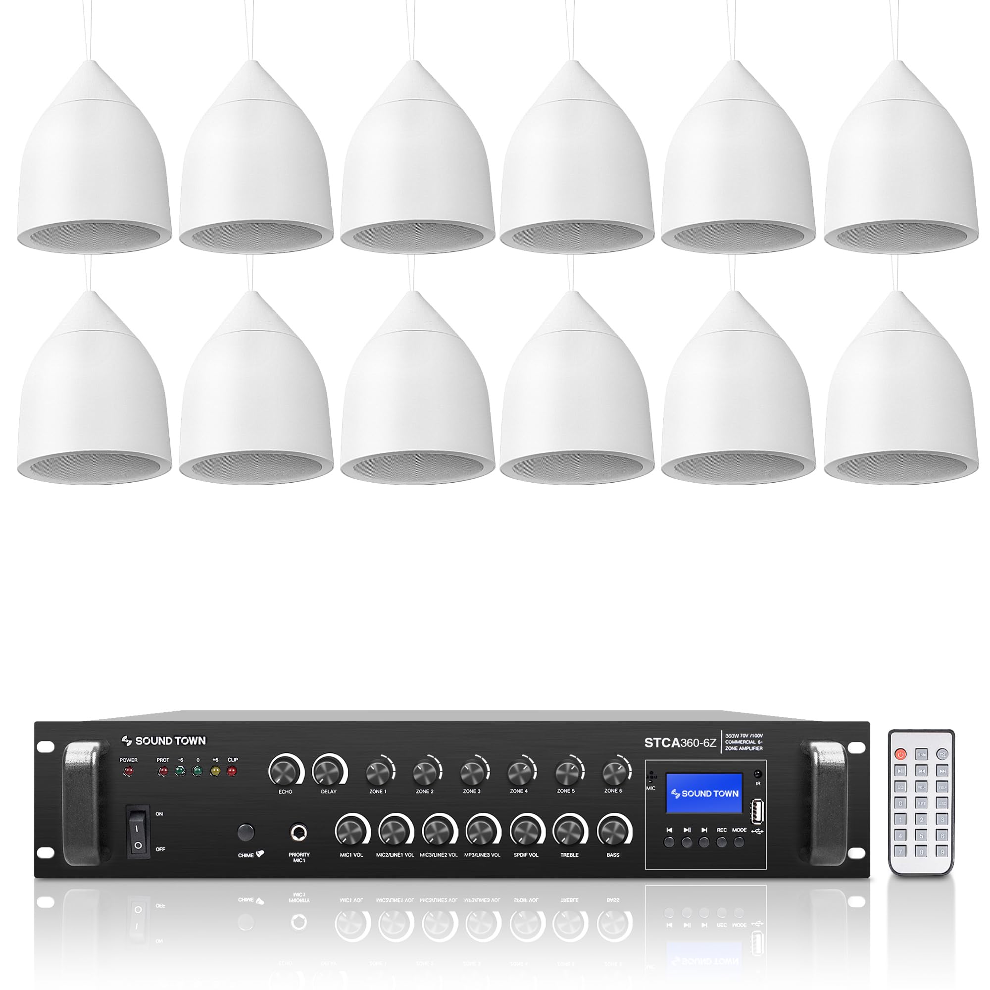 Sound Town Commercial Restaurant Bluetooth Amplifier + Pendant Speaker Set, with One 6-Zone 70V/100V Amplifier with Bluetooth, 12 x Weather-Resistant 6.5-Inch Pendant Speakers, White (STCA360X12PD6W)