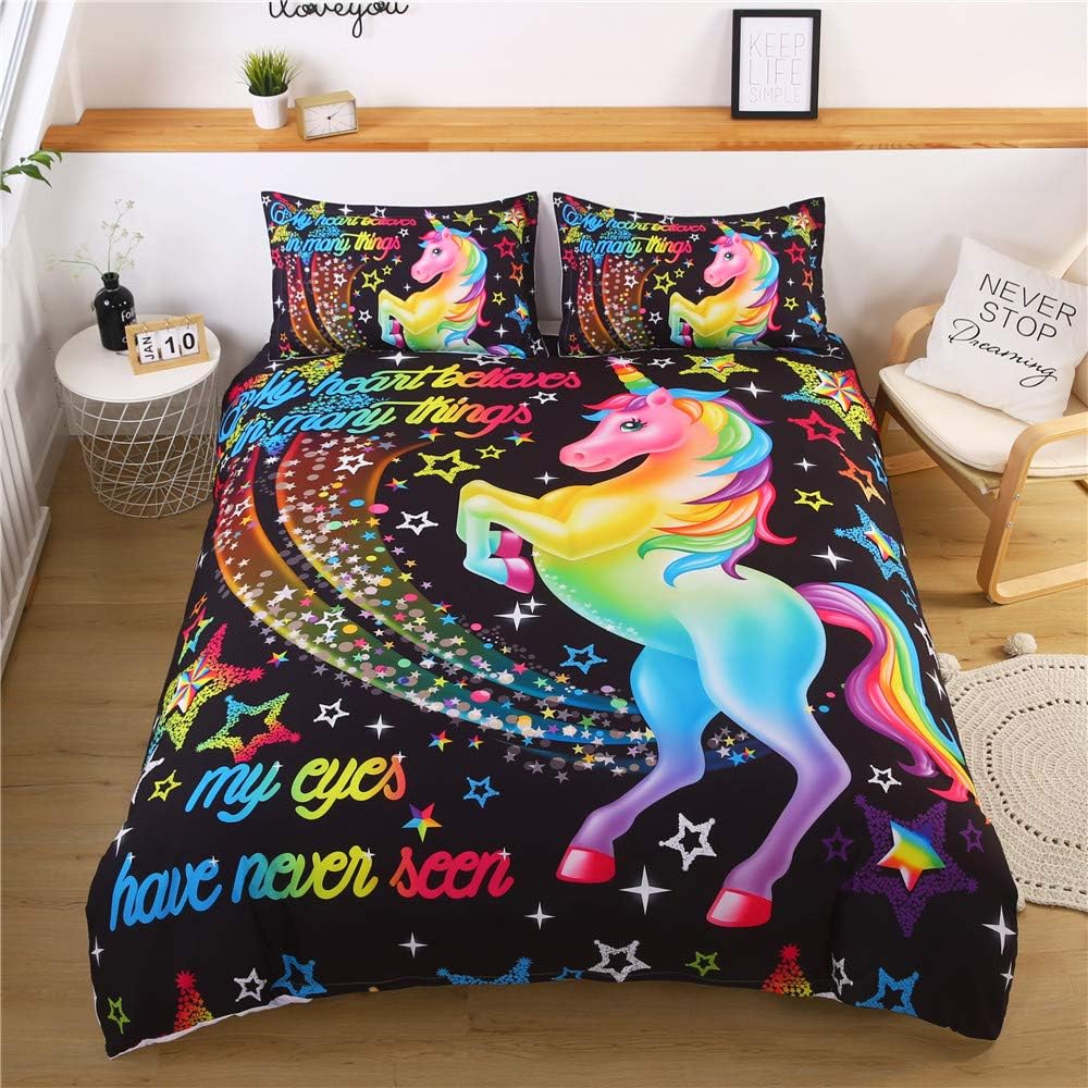 Unicorn Bedding Queen Size Black Unicorn Duvet Cover Set Colorful Rainbow Letters and Sparkling Stars Pattern for Kids Girls Bed Set with 2 Pillowcases for Home Decor (No Comforter)