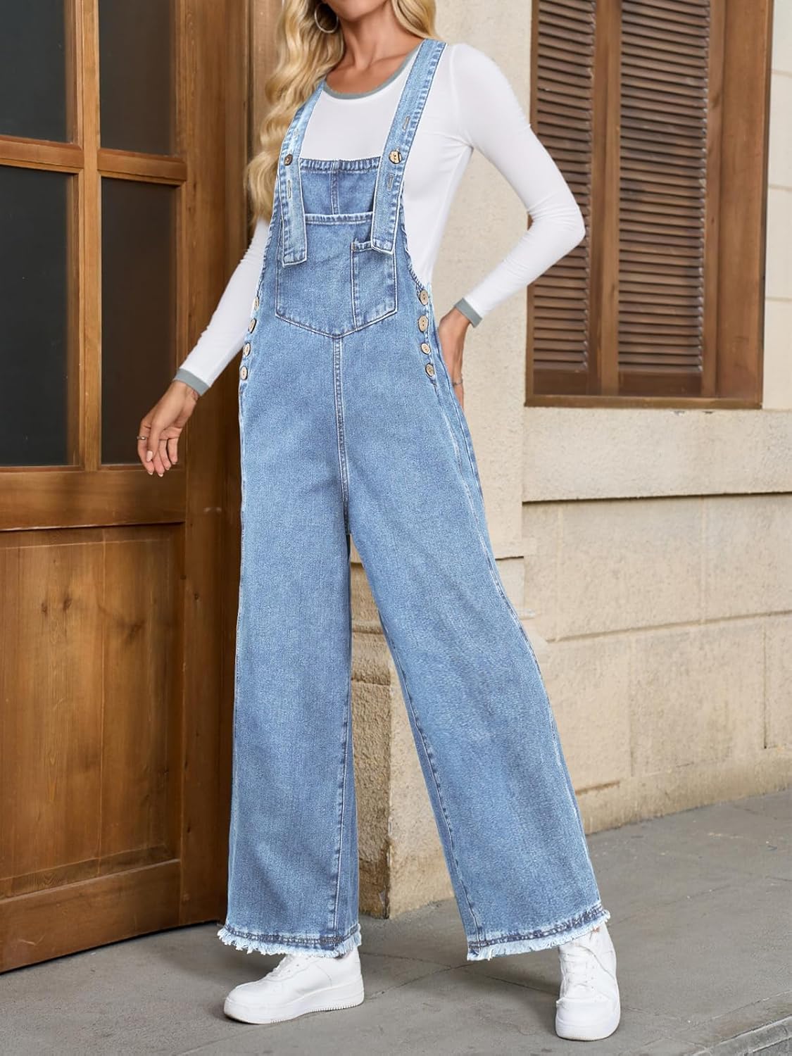 Denim Overalls for Women Jean Bib Wide Leg Raw Hem Button Adjustable Straps Loose Fit Baggy Jumpsuit Jumpers - Image 4