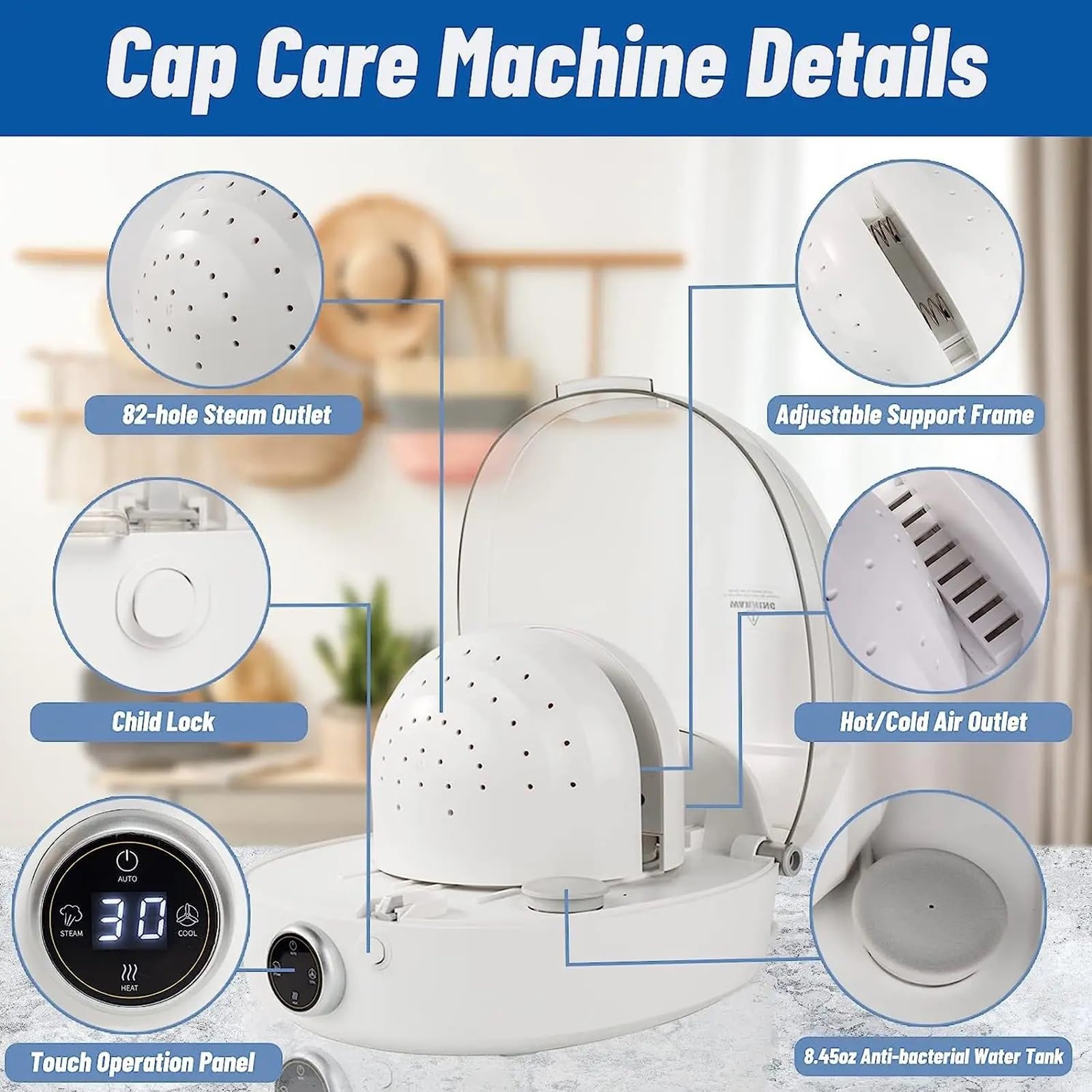 Limpiador y Secador Sombreros para Gorras Béisbol Pescador y Fieltro 4 Modos Planchado y Modelado 82 Boquillas 300ml 1000W Operación Automática Eficiente