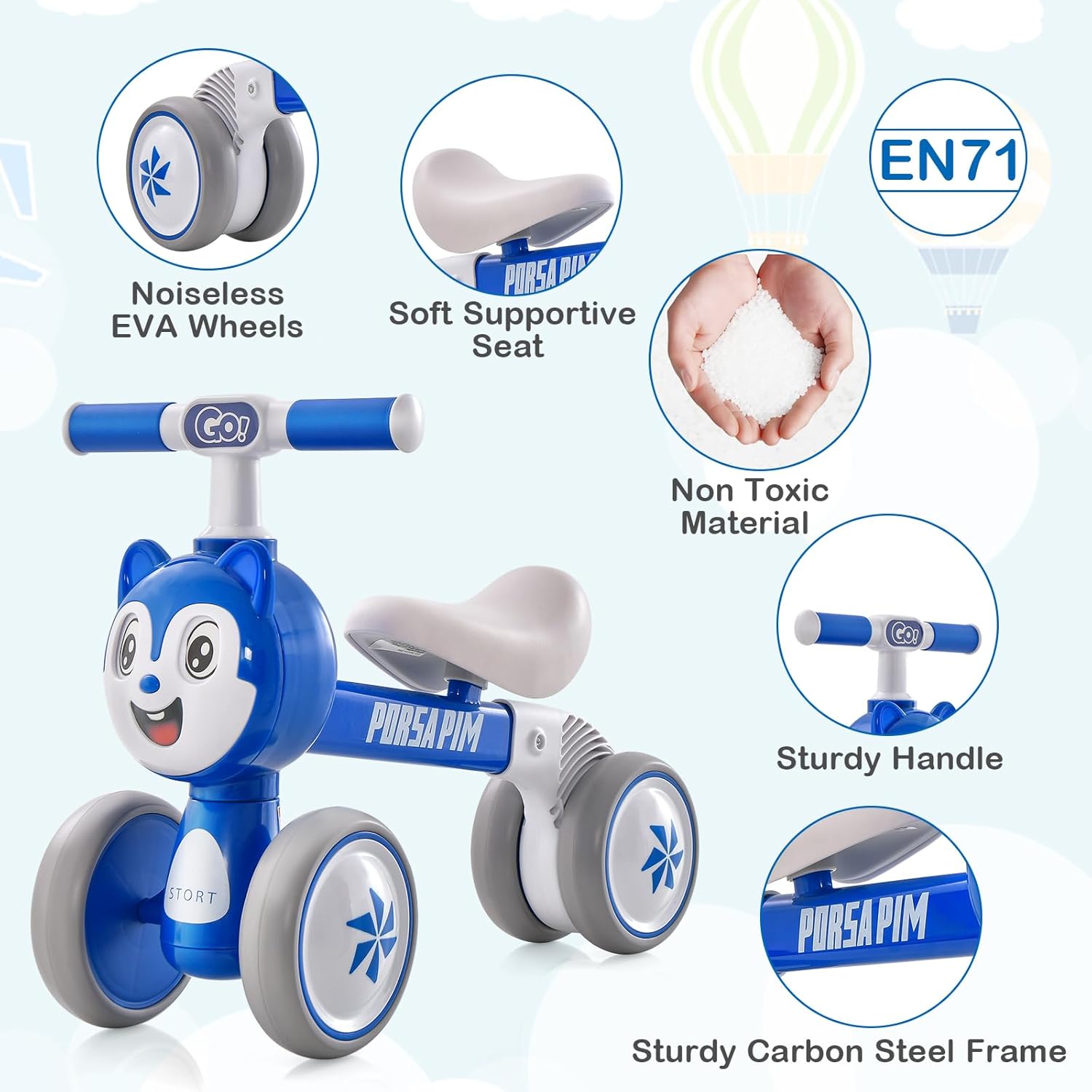 BABY JOY Balance Bike, No-Pedal Lightweight Toddler Bike with 4 Wheels, First Birthday Gift Balance Bike for 1+ Year Old Boys & Girls, Indoor & Outdoor Animal Ride-On Toy, Blue