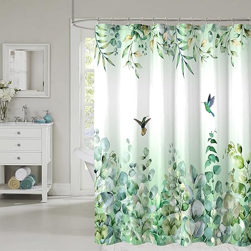YOSTEV Cortinas de ducha con hojas verdes para baño, diseño de hojas verdes y esmeralda, decoración del hogar, juego impermeable con ganchos, 72 x