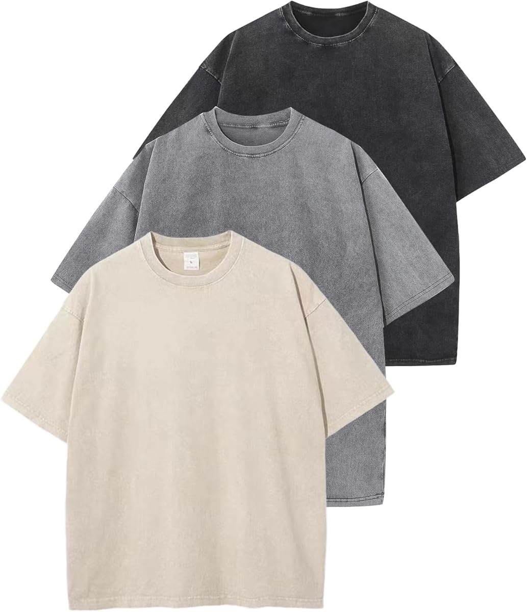 Arssm 3 Pack Men Oversized T Shirts Vintage Tee Loose Fit Short Sleeve Casual Streetwear Baggy Washed Unisex Tops
