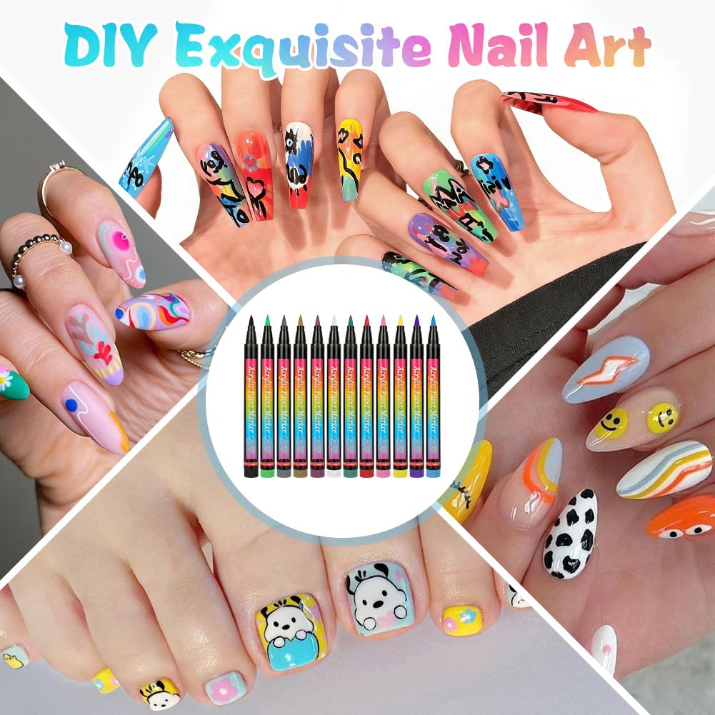 12 Farben Nagellack Stift Set, Nailart Graffiti-Stift, Nagelzeichenstift, 3D Nagelkunststift DIY Linie Nagelkunst-Graffiti, Wasserfeste Schnelle, für Maniküre Mädchen Frauen Zuhause, Reisen(D)