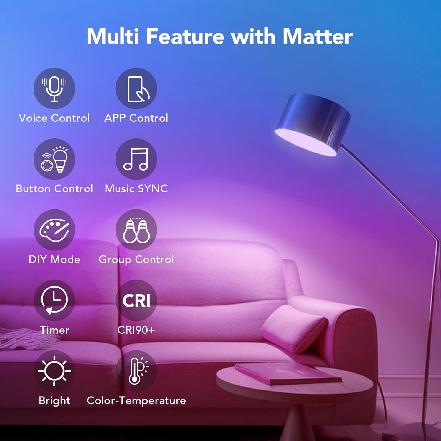 OREiN Matter Smart Light Bulbs with Remote Control Reliable WiFi Light Bulb A19 E26 LED Color Changing Light Bulbs 60W Equi 800LM CRI90 Work with Alexa/Google Home/Apple Home/SmartThings/Siri 6Pack