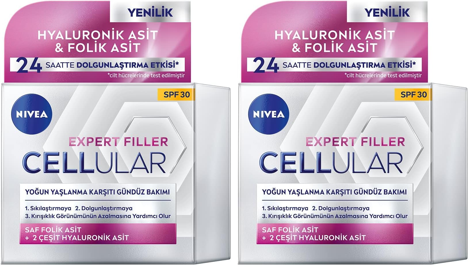 NIVEA Cellular Expert Filler Yoğun Yaşlanma Karşıtı Gündüz Bakım Yüz Kremi 50 ml, Hyaluronik Asit ve Folik Asit, SPF30 Güneş Koruması (2 paketi)