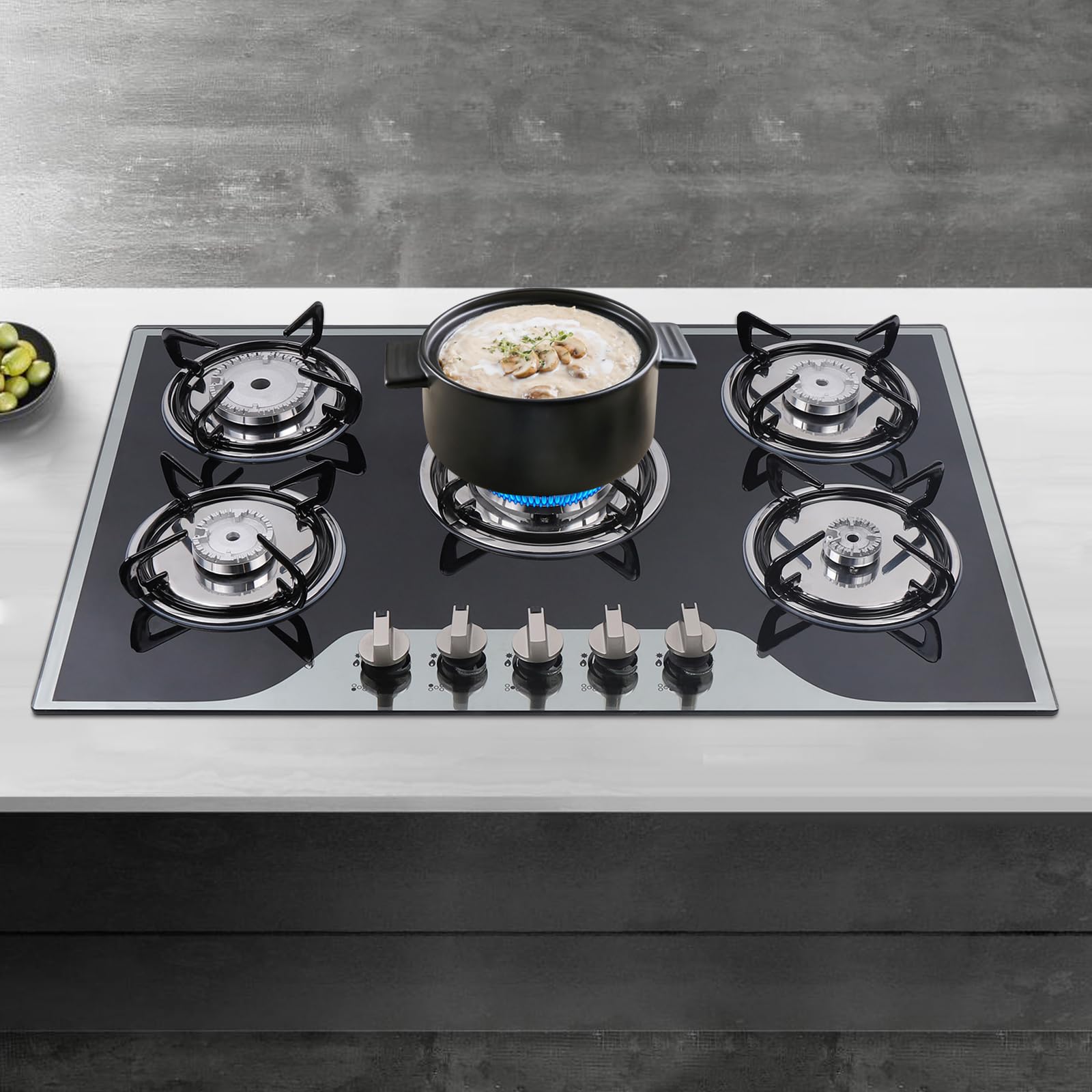 Piano cottura a gas a 5 fuochi con vetroceramica, fornello a gas con protezione automatica della fiamma e accensione elettronica, piano in vetro facile da pulire, per uso domestico/cucina, compatibile