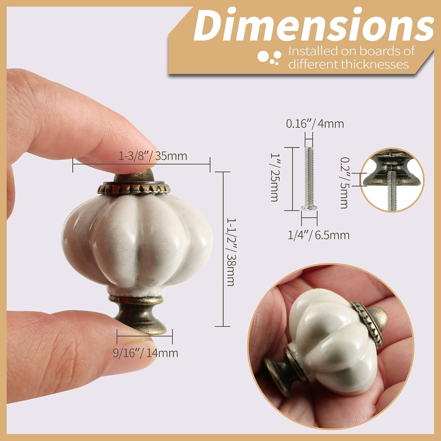 Antique White Pumpkin Knobs 12 Pack Ceramic Cabinet Knobs Vintage Drawer Pulls - Antique Dresser Pulls with Screws for Closet Drawer Cupboard Cabinet and DIY Home Project