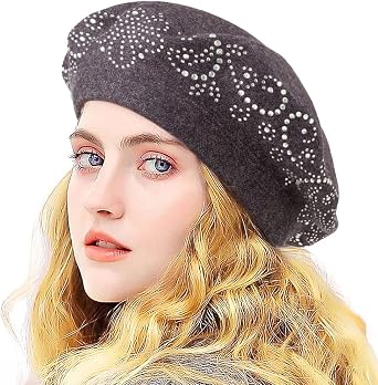 LADYBRO Rhinestone Beret Hats for Women 2 Layers Wool Knit Cap Lady Winter