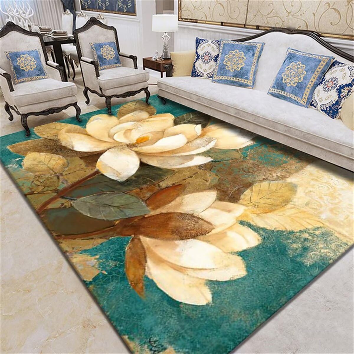 Tapis pour Salon Tapis D'Éveil Tapis Vert Motif Feuille de Lotus Jaune Confortable et antidérapant Deco Chambre Ado 200X300CM