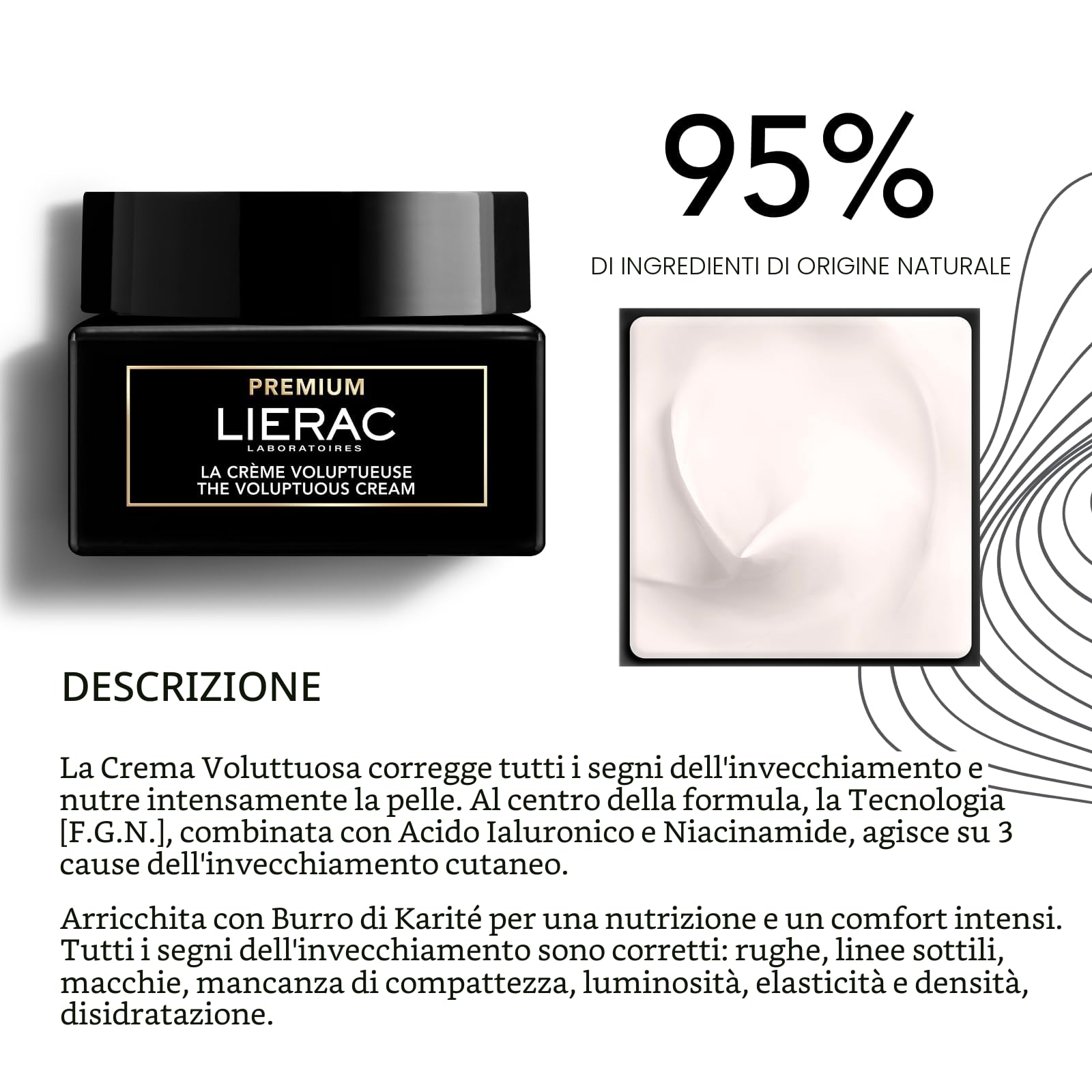 Lierac Premium Voluptueuse Crema Viso Anti età, Nutriente Tonificante con Acido Ialuronico e Niacinamide, per Pelle Secca, Formato 50 ml