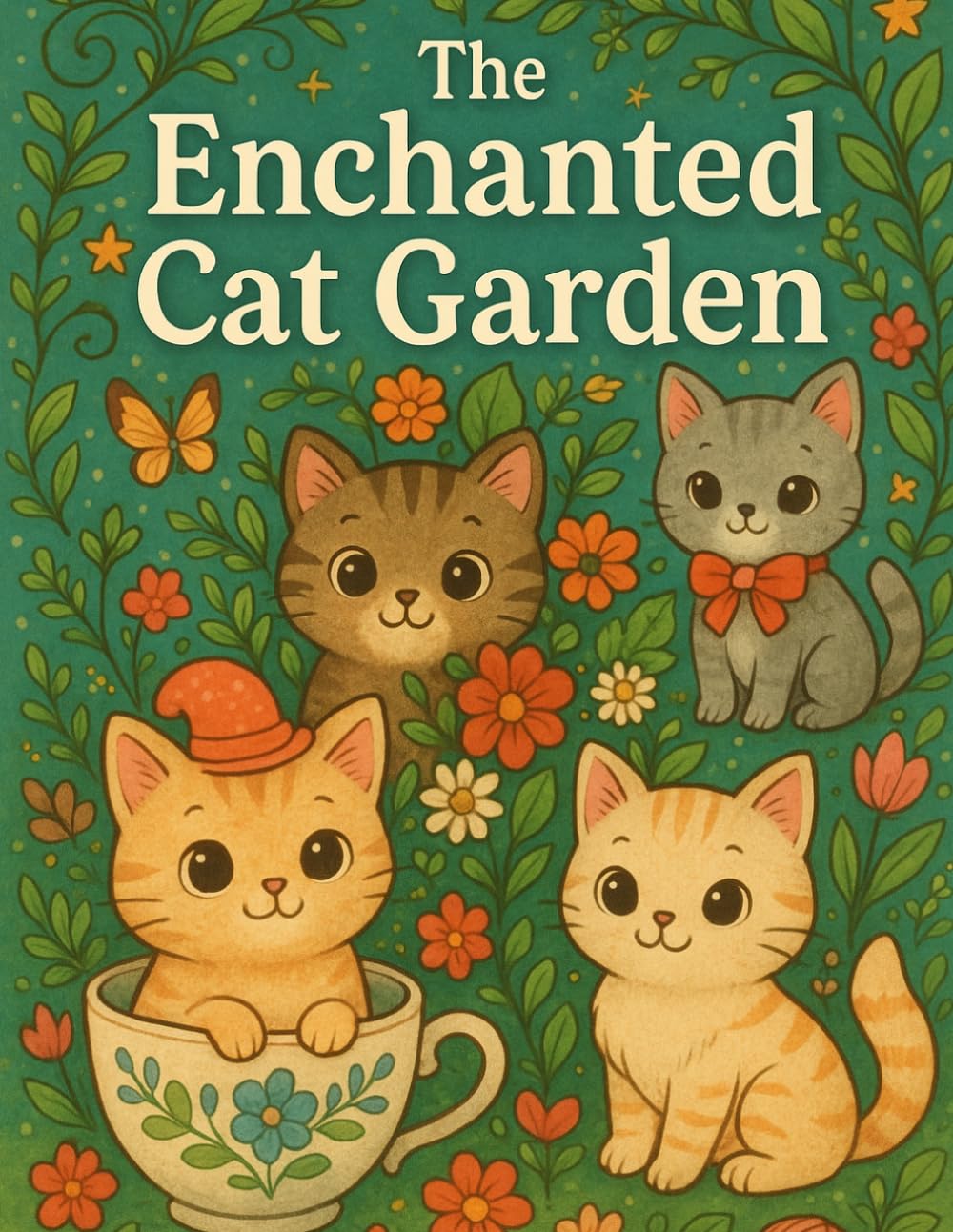 Enchanted Cat Garden Coloring Book: Cute Kittens, Cozy Gardens and Whimsical Designs for Adults: Adorable Cats, Floral Scenes, Teacups, Butterflies and Relaxing Coloring Pages