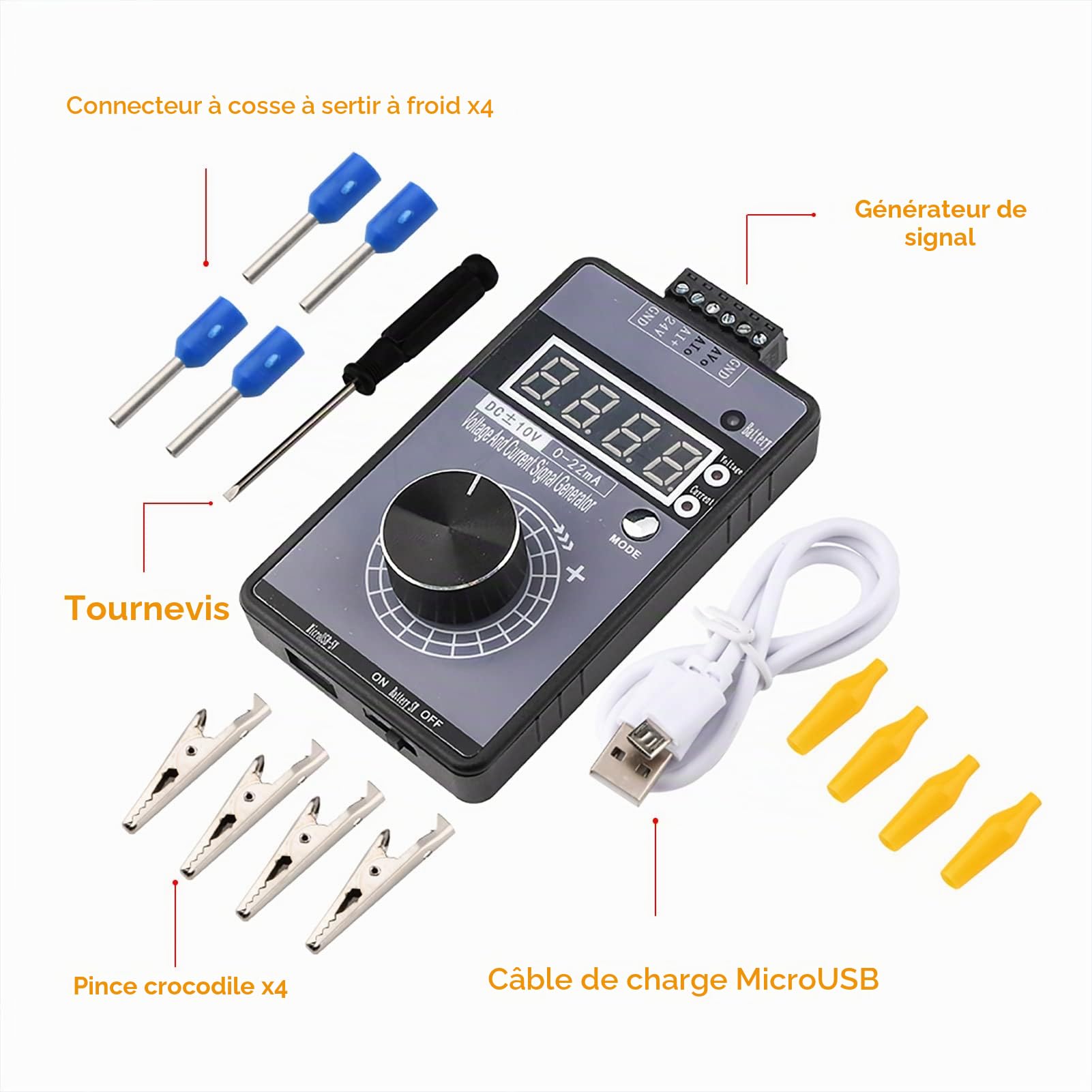 Générateur de Signal Portable, 0-10V 0-22mA Générateur de Signal de Courant de Tension, Calibrateur de Source de Signaux Analogiques, Ajustable Simulateur Analogique de Tension et de Courant Réglable