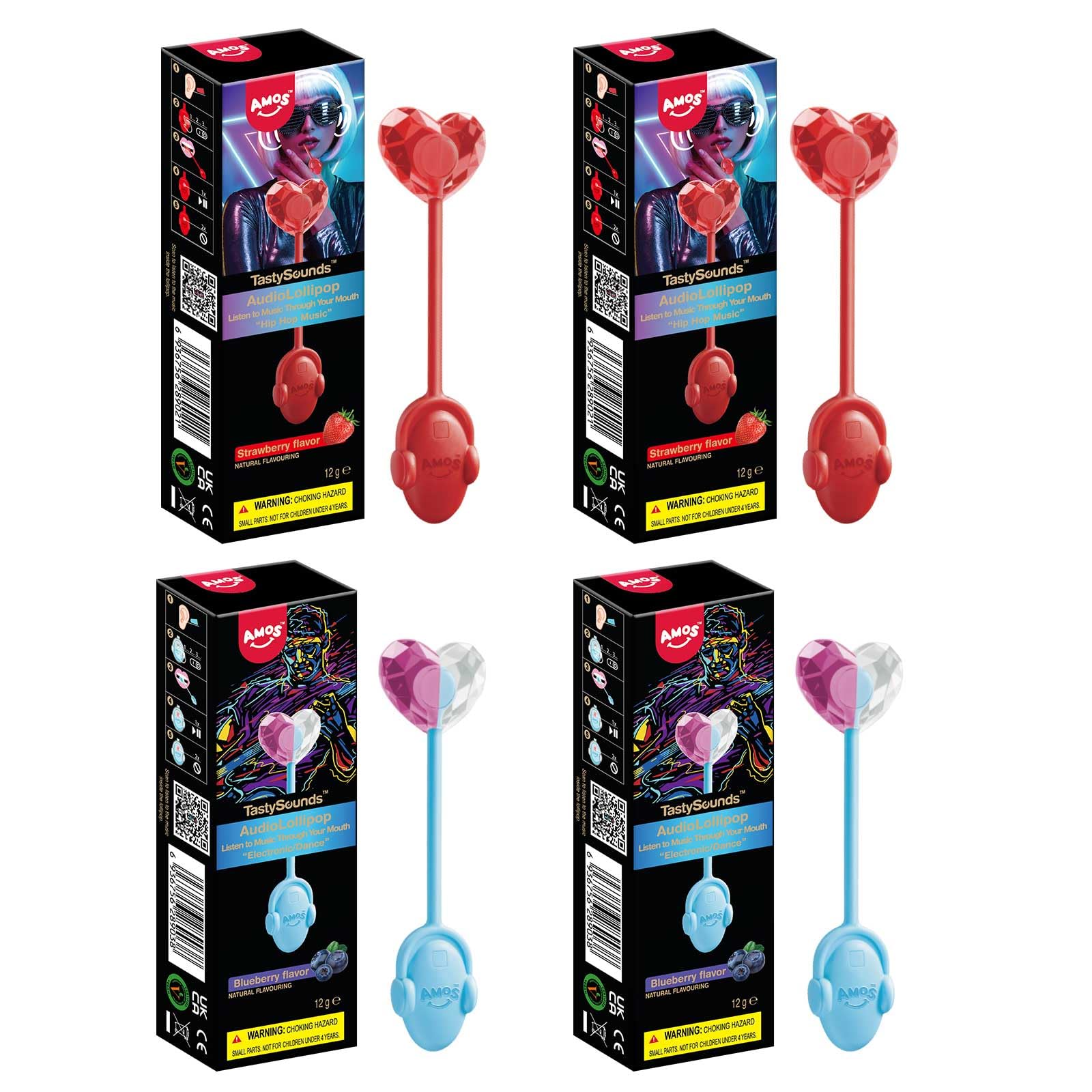 AMOS Lutscher Audio Lollipop Süssigkeiten, 4PCS-(2x Erdbeere & 2x Blaubeere) Ostern Süßigkeiten Geschenke Musik Lollies Bonbons Süßigkeitens, Lollipops Lutscher Zuckerfrei