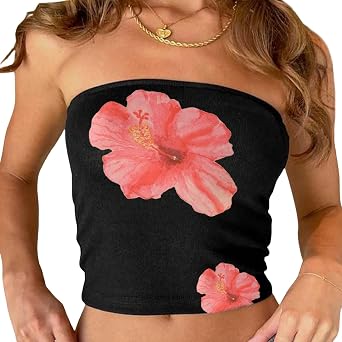 KOSUSANILL Y2K Tube Top Summer Women Sleeveless Aesthetic Graphic Sexy Bandeau Tank Floral Printed Bandeau Off Shoulder Shirt