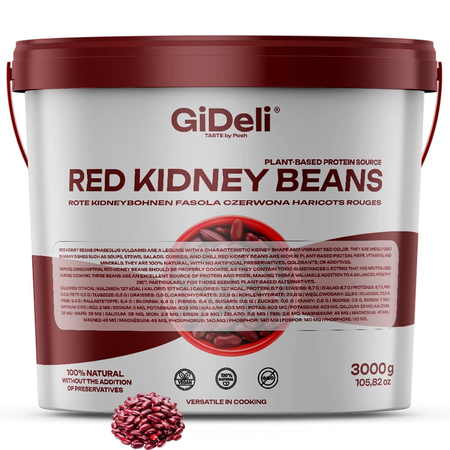 GiDeli Kidneybohnen Getrocknet 3 kg im Eimer - Rote Bohnen - Veganes Protein, hoher Ballaststoffgehalt - ohne Salz, ohne Zuckerzusatz - für Chili con Carne, Bowls, Tacos