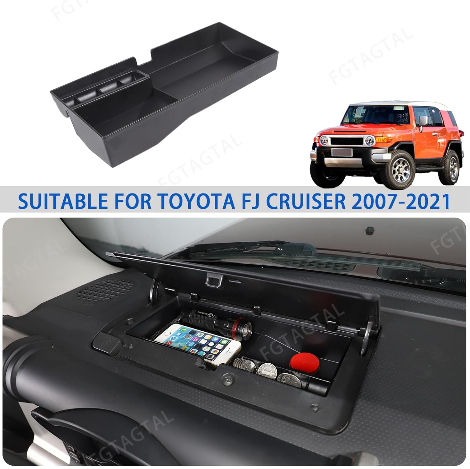 Center Console Dash Tray, Dashboard Storage Box Organizer Compatible with Toyota FJ Cruiser 2007-2021, ABS Auto Interior Storage Accessories (Dashboard Storage Box)