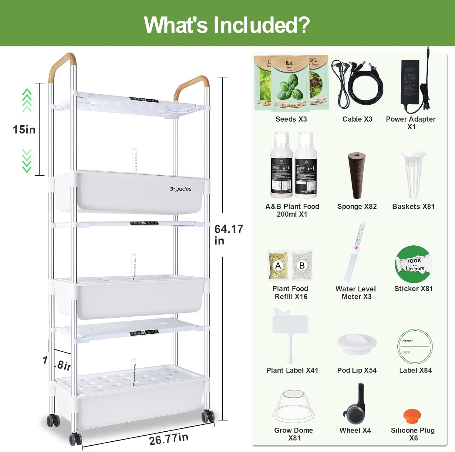 Hydroponic Growing System, 81-Pod Large Indoor Herb Garden 3-Tier with 3 x 30W LED Grow Lights, Independent Pump, 42L Total Water Level, Movable Planter with 3 Seed Packs Included(White)