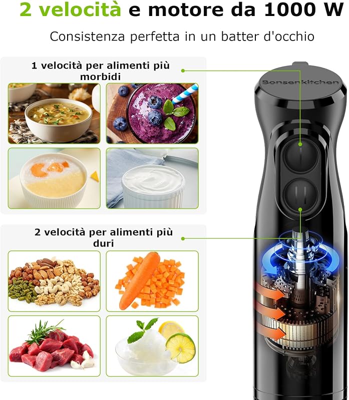 Bonsenkitchen HB3201 blender vertical din oțel inoxidabil 1000 W, 2 viteze, negru, pentru piureuri de bebeluși și supe