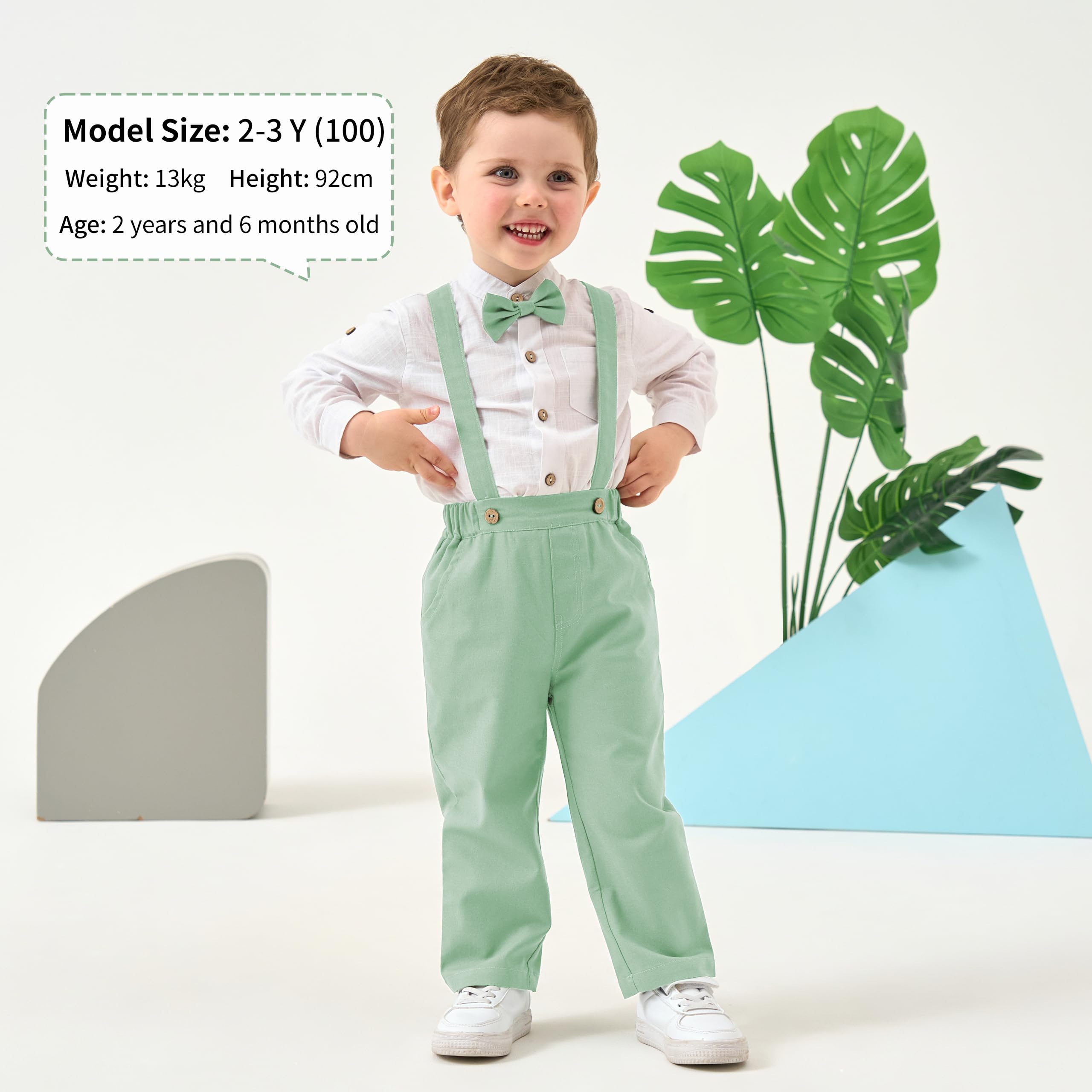 Volunboy Trajes para Bebé Niños de Boda Ceremonia Fiesta, Lino Camisa con Pajarita + Tirantes Pantalones 4 Piezas Conjunto Ropa