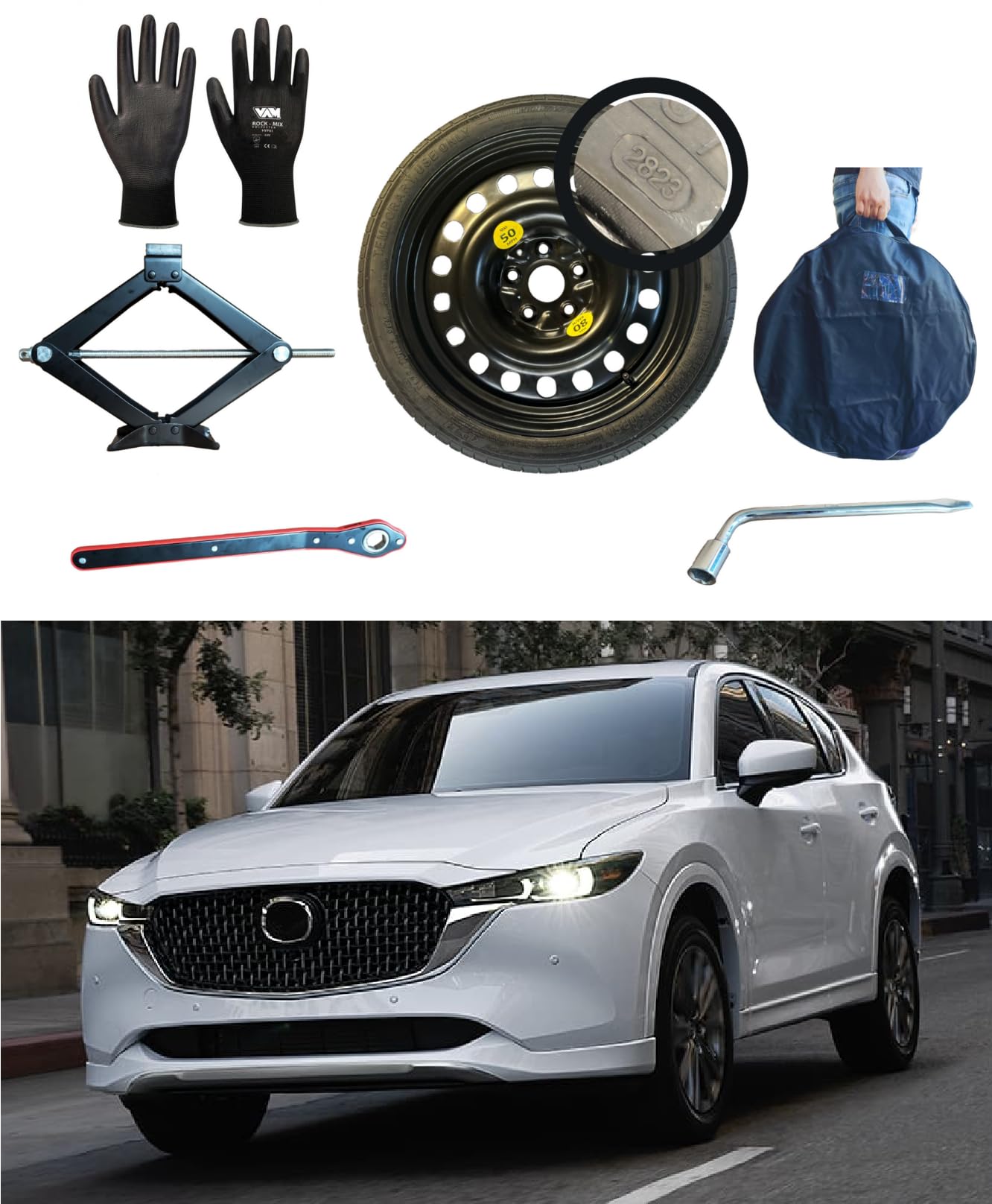 Kit Roue de Secours 17'' compatible avec Mazda CX-5 avec Cric, Clé, Gants et Sac 155/90R17