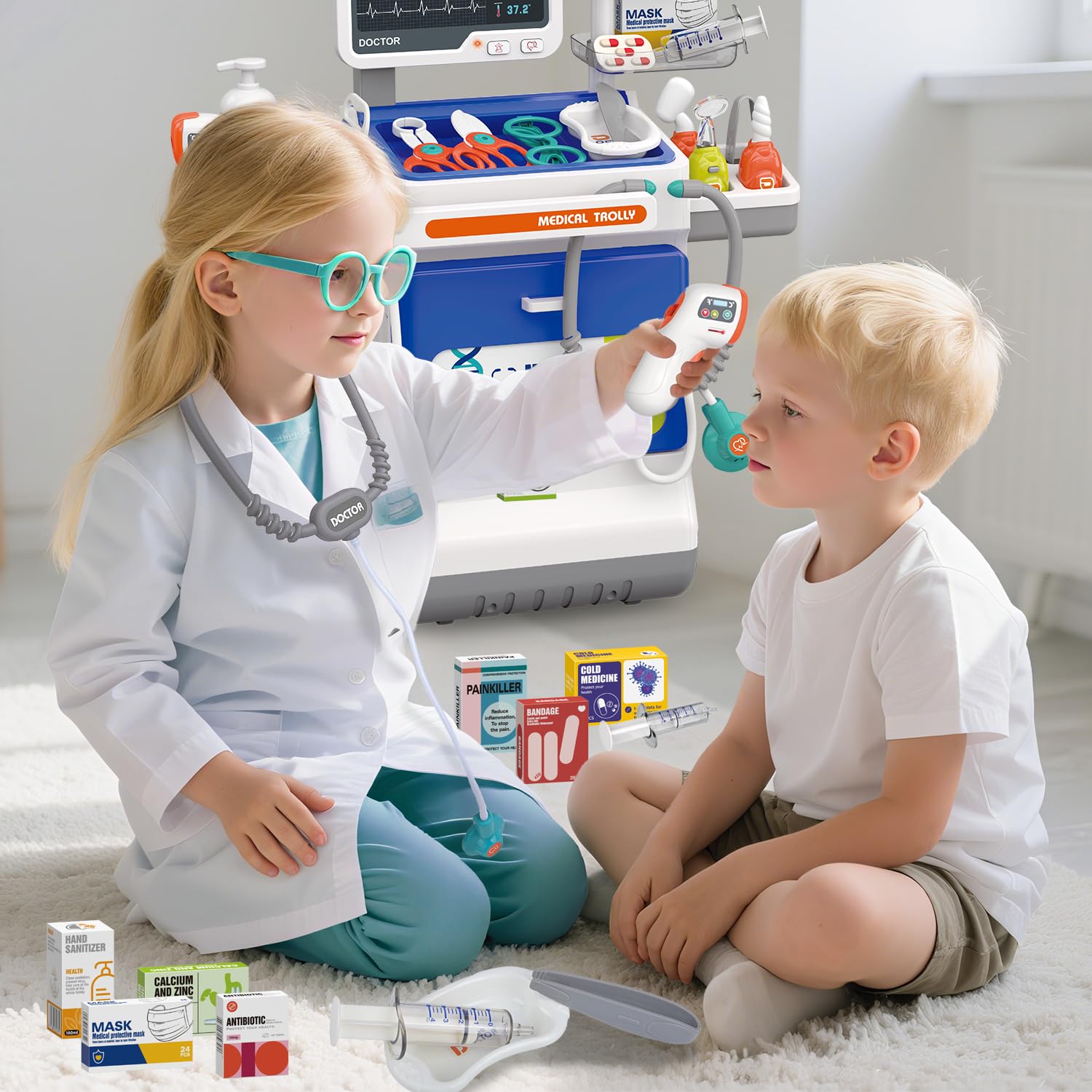 Mallette Docteur Enfant 32 Pièces Kit Médical Jouet avec Stéthoscope, Thermomètre, Seringue, Chariot