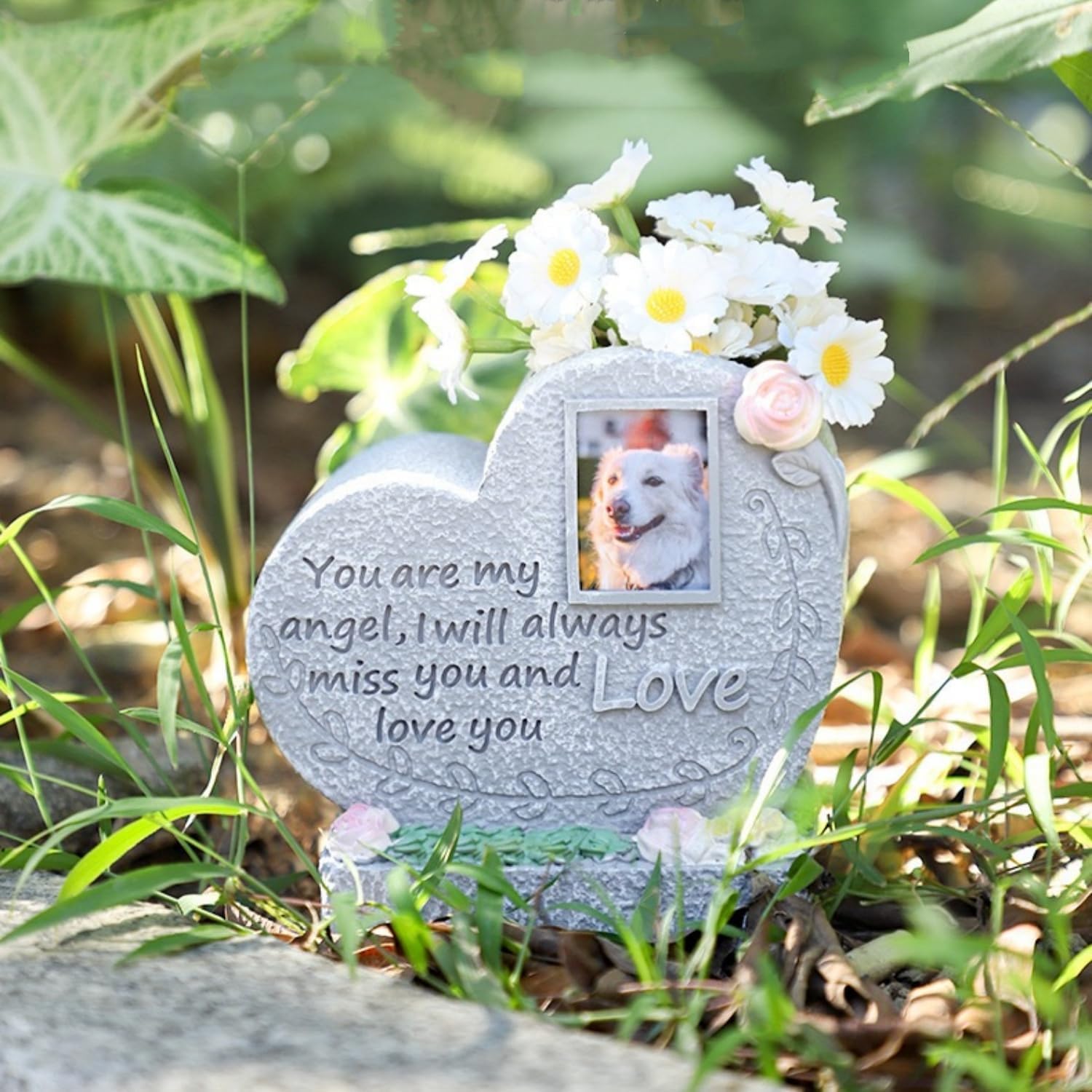 Heart Shaped Pet Memorial Stone with Picture Frame – Weatherproof Dog Grave Marker for Outdoor or Indoor Use – Sympathy Gift for Loss of Dog or Cat, Personalized Pet Headstone Alternative