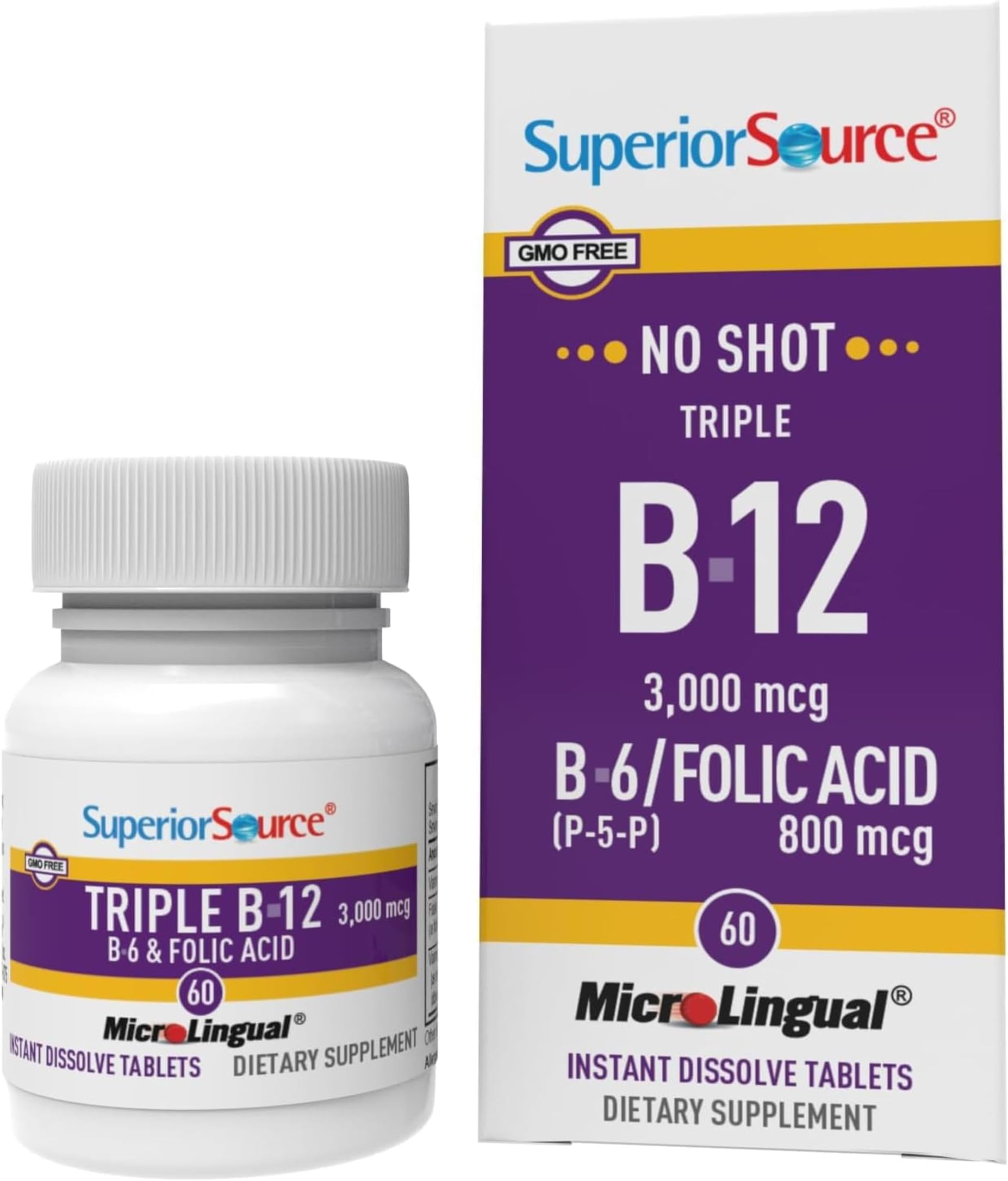 NO Shot Triple B-12 3,000 mcg B-6 Folic Acid 800 mcg - Formula Supports Heart Health & Energy - Health Supplement with Folic Acid & Methylcobalamin - 60 Instant Dissolve Tablets