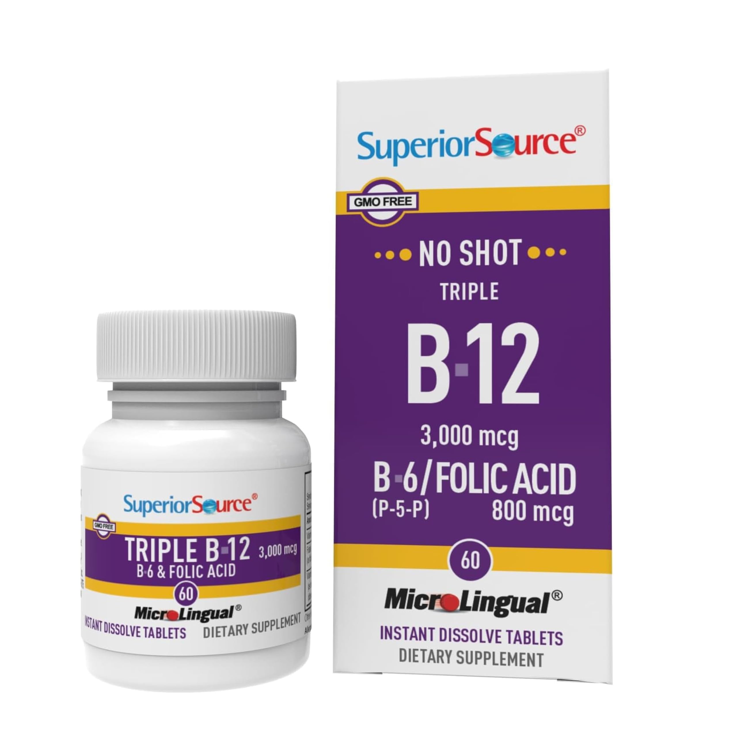 NO Shot Triple B-12 3,000 mcg B-6 Folic Acid 800 mcg - Formula Supports Heart Health & Energy - Health Supplement with Folic Acid & Methylcobalamin - 60 Instant Dissolve Tablets