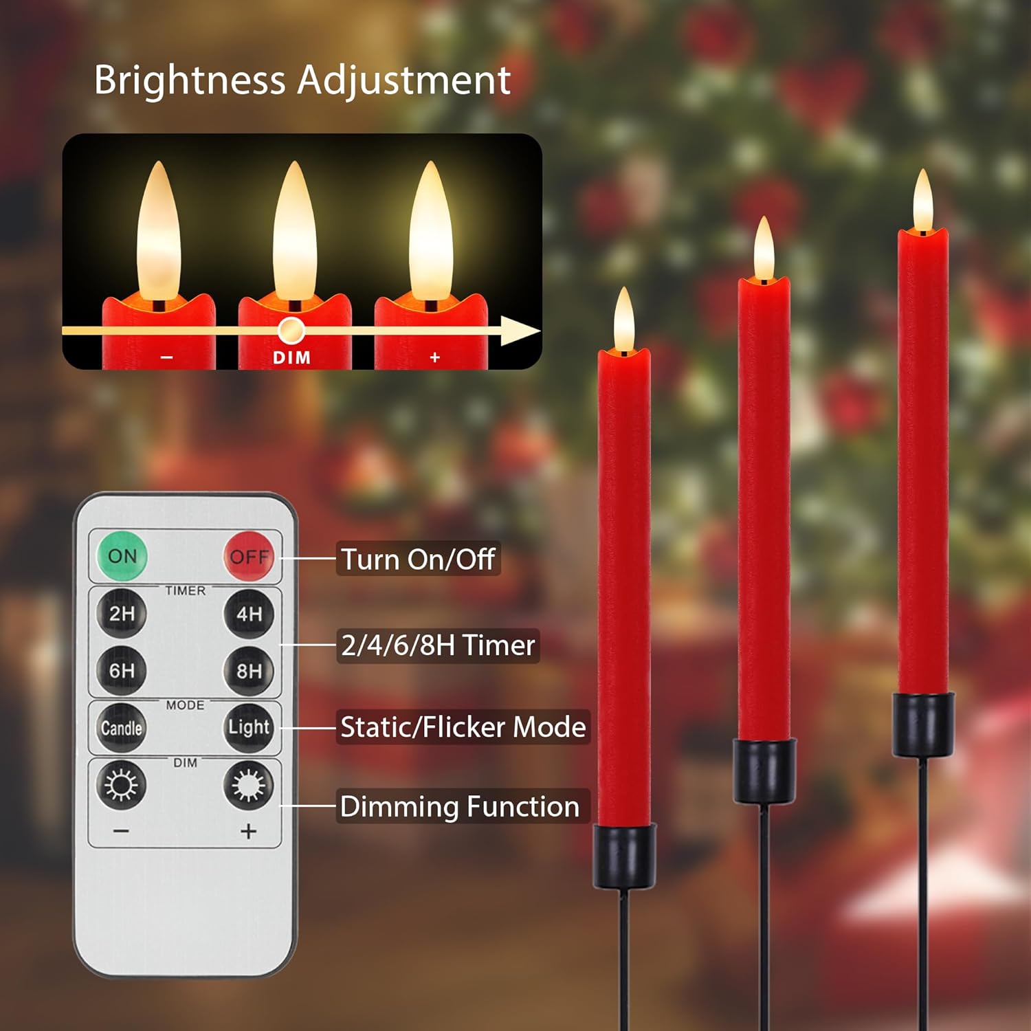 Red Flameless Taper Candles 9.6" Christmas LED Candles Real Wax with Remote Timer, Battery Operated LED Candles Set with 3D Flickering Flame, Classic Flickering Candlesticks for Home, Party, 6 Pack