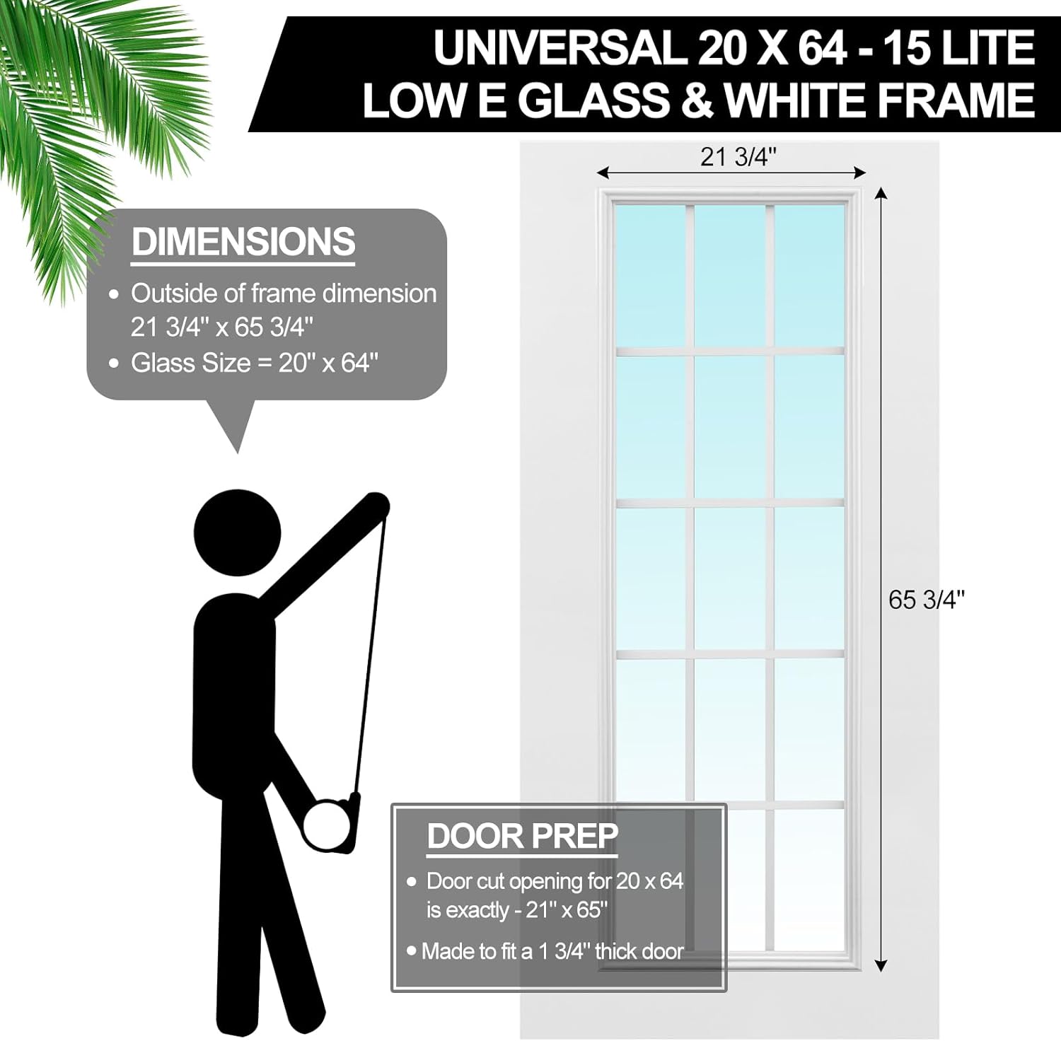 20" x 64" Entry Door Glass Insert White Exterior Front Door Frame Window Inserts Replacement Kit with Low-e Clear Glass for Home Improvement(15 Lite)