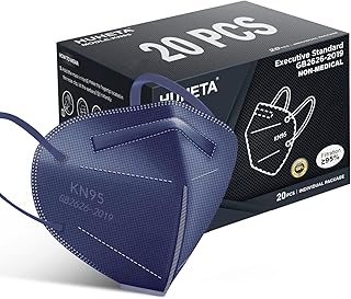 HUHETA KN95 Face Mask 20 Packs, 5 Layer Safety Mask with Elastic Ear Loop and Nose Bridge Clip, Filter Efficiency=95%, Protective Masks for Indoor and Outdoor Use (Royal Blue Mask)