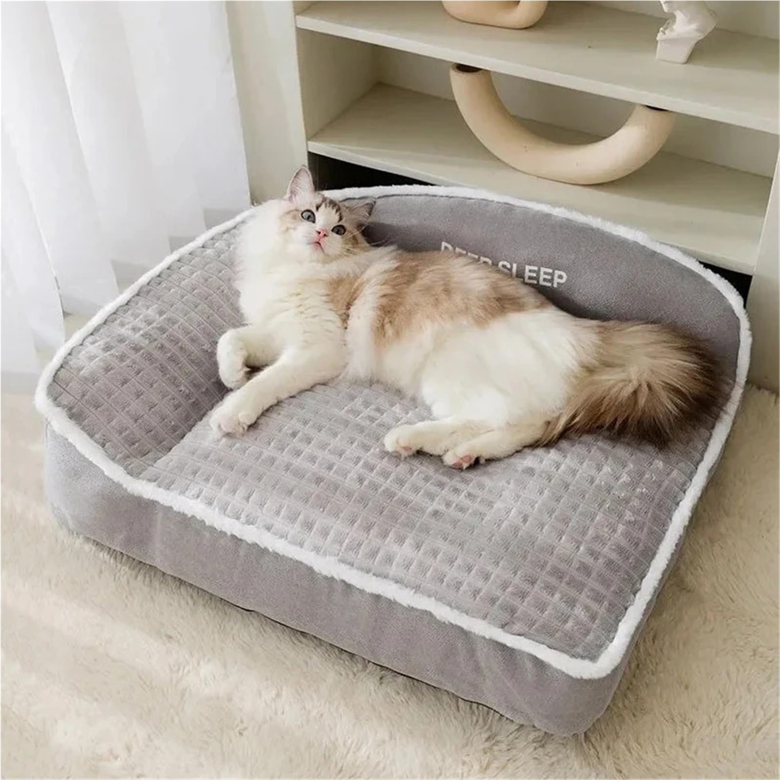 Sofá Cama de Invierno for Mascotas con Manta, Ropa de Cama Estilo Cesta cálida for Perros y Gatos pequeños, medianos y Grandes(Khaki,L)