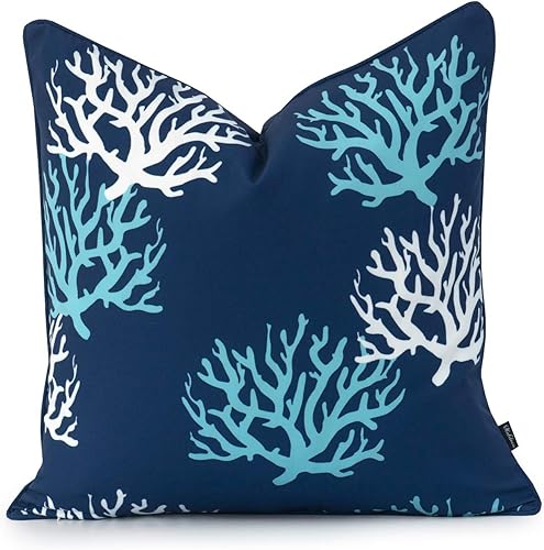 Miniatura 2 de Hofdeco Funda de almohada náutica para interiores y exteriores, resistente al agua para sofá de patio, rayas azul marino, datos de 18 x 18 pulgadas