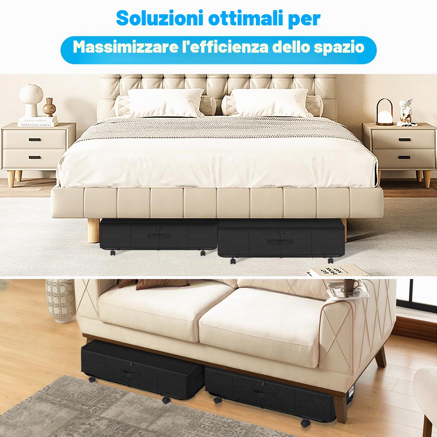 Contenitori portaoggetti da 50 l XL, robusti, con ruote, confezione da 2 contenitori arrotolabili sotto il letto, cassetti con supporto inferiore in metallo, contenitori per camera da letto con
