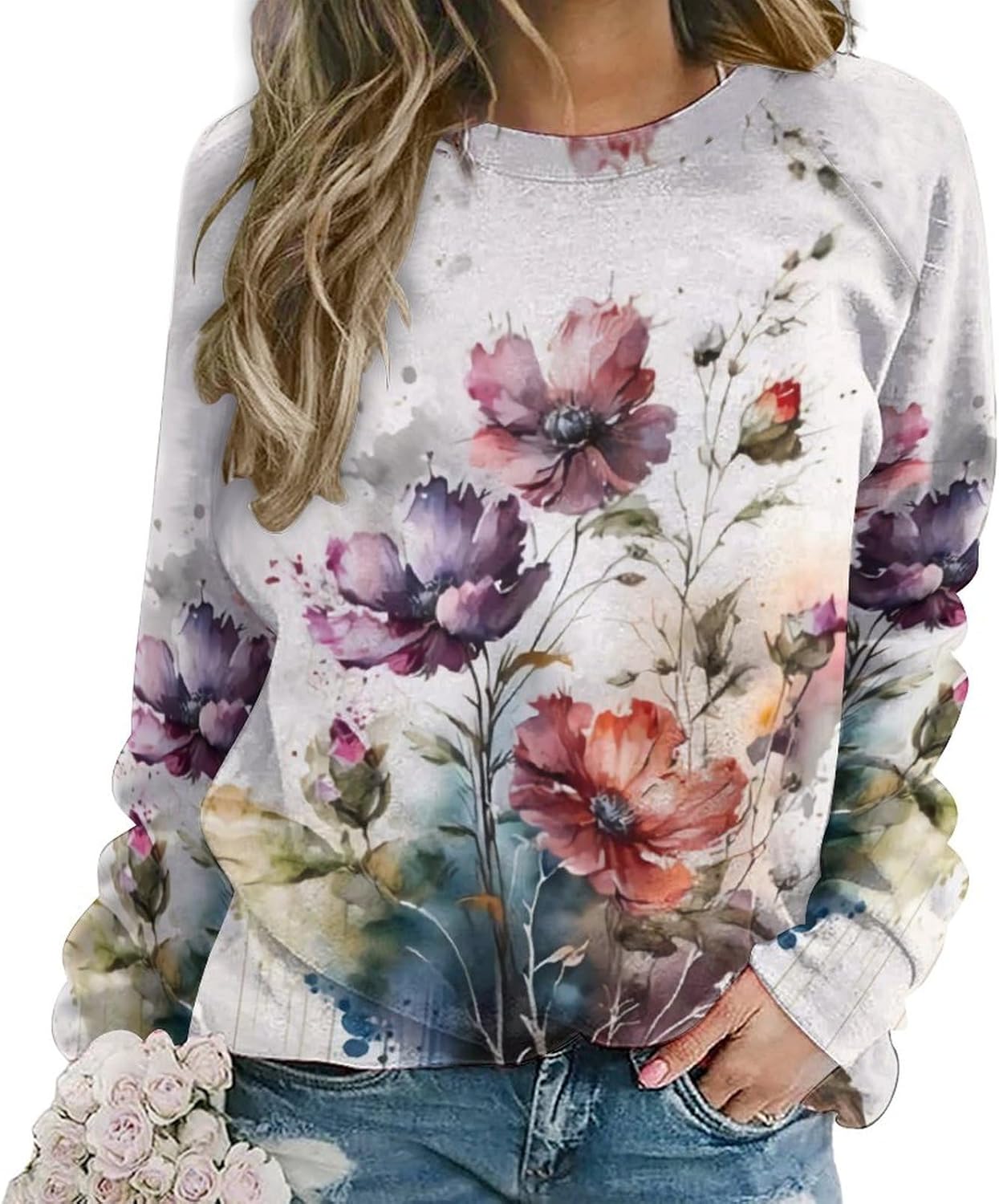 ZOCAVIA Womens Boho Floral Sweatshirts Novelty Graphic Crewneck Long Sleeve Shirts Oversized Fall Casual Flower Pullover Tops