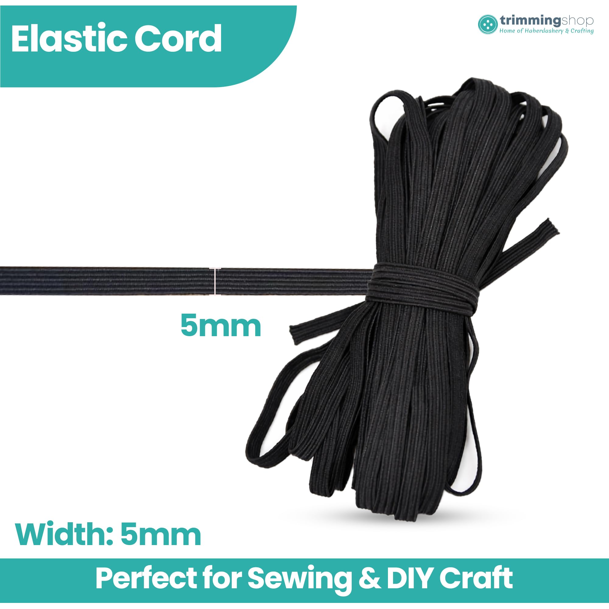 BOKFJBP 5mm elastisch band - 50 meter, gevlochten elastisch band om te naaien, elastische koord, stretchband voor naaien en huishouden, DIY handwerk, stoffen om te naaien, elastisch band, zwart