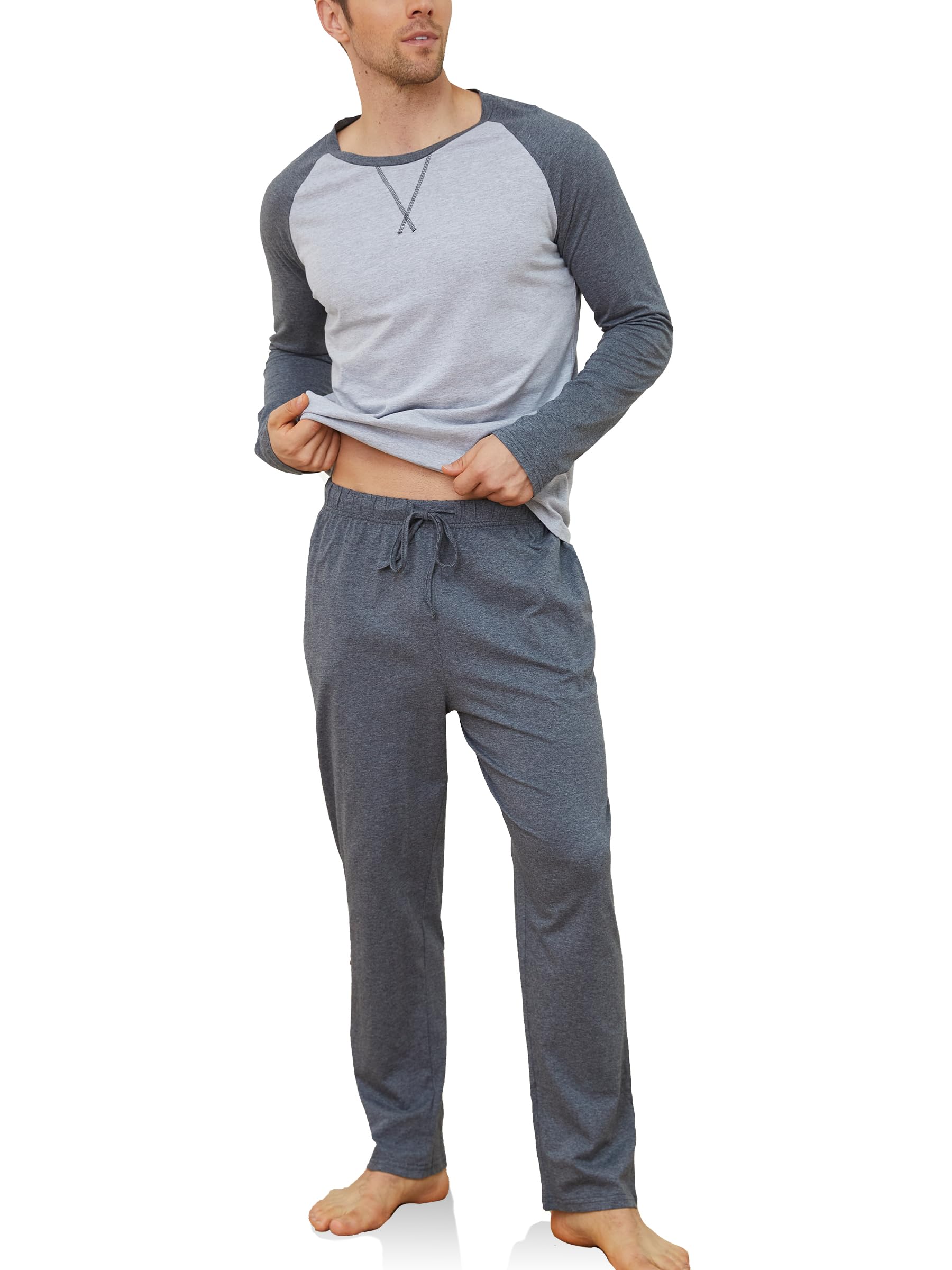 Reliwel Pigiama Uomo Cotone Leggero Pigiama Uomo Cotone Lungo Colori Contrastanti Girocollo a Maniche Lunghe e Pantaloni Due Pezzi Leggero Morbido