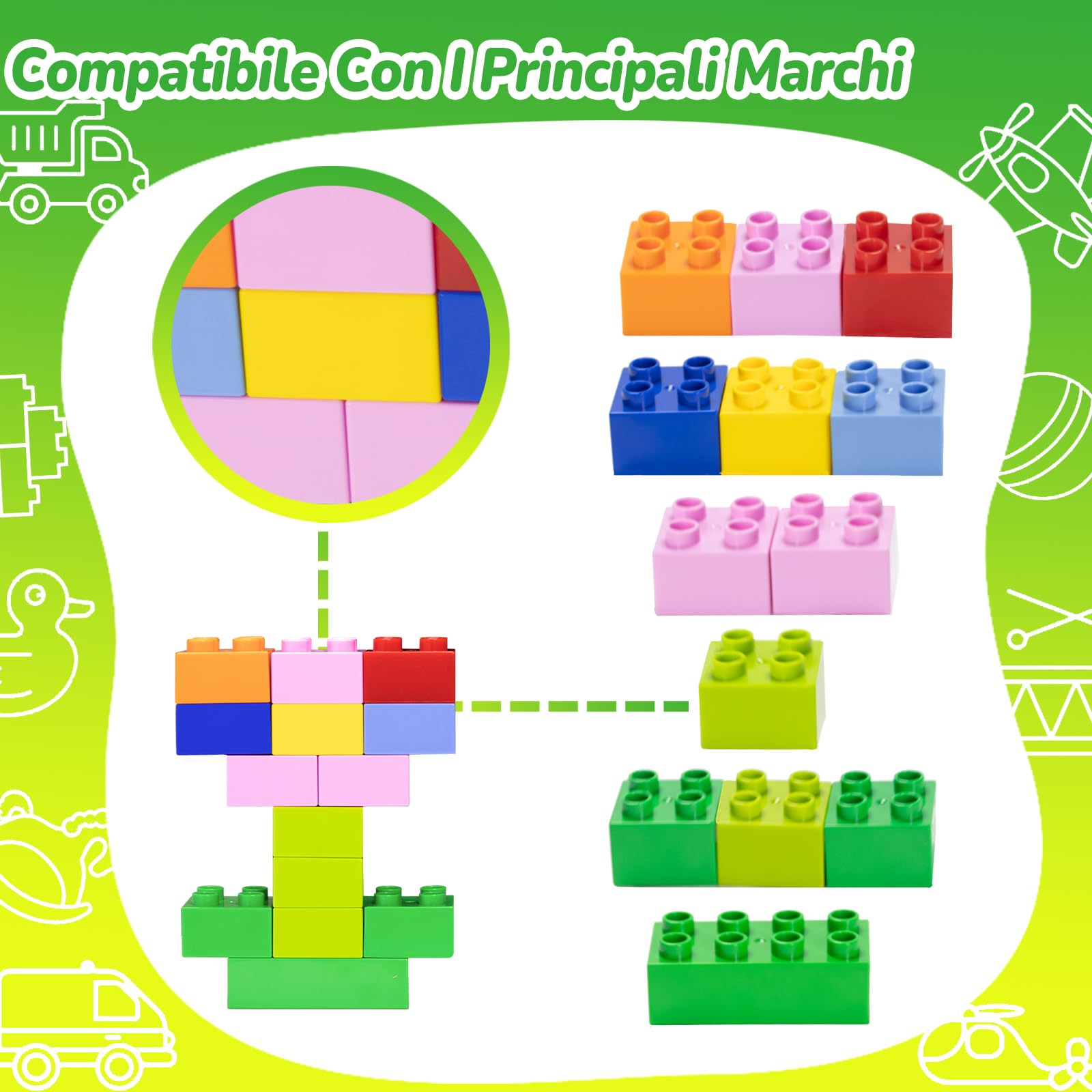 Set di 200 grandi mattoncini da costruzione, 2 forme e 8 colori, compatibili con Duplo e tutte le principali marche, giocattoli da costruzione colorati per bambini dai 3 anni in su