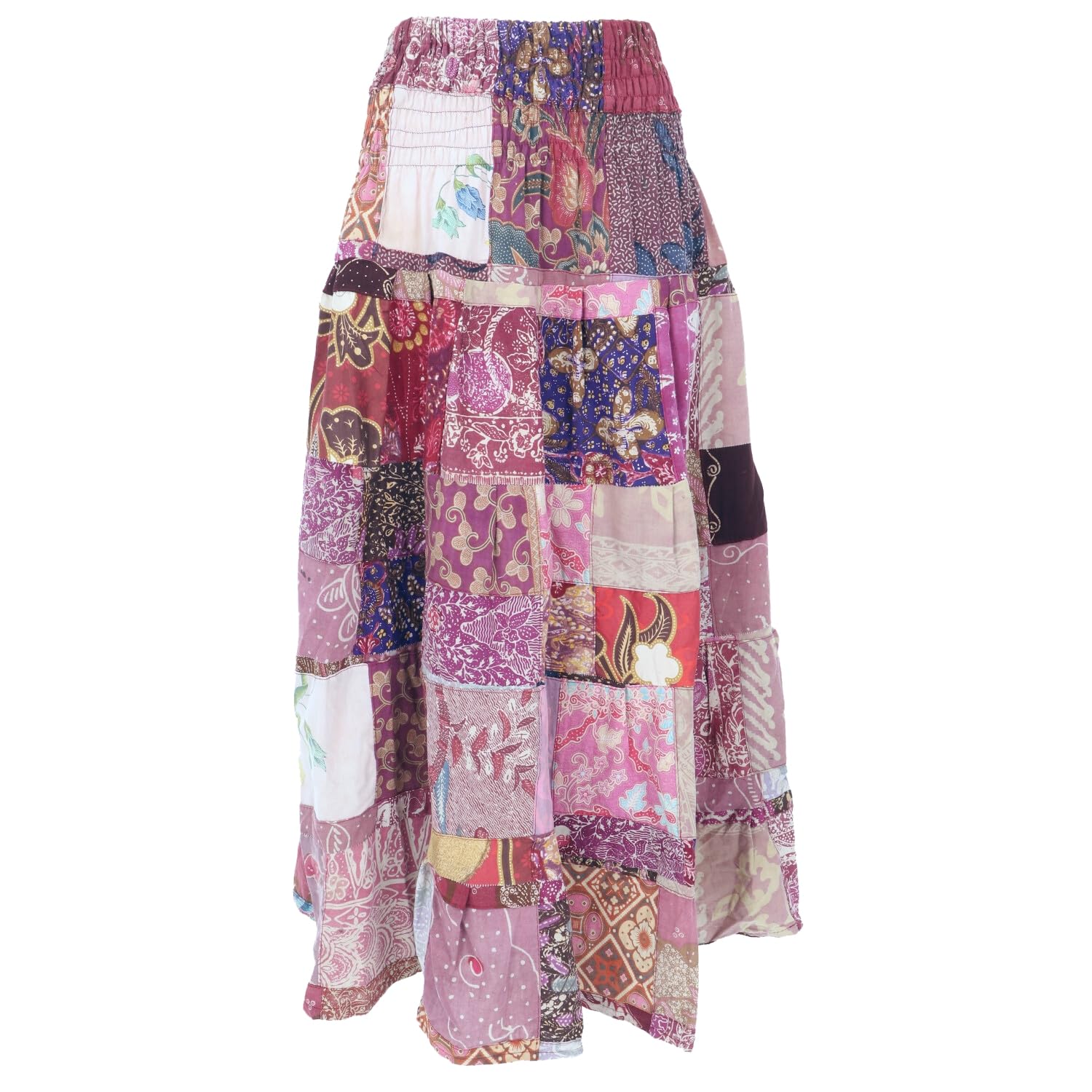 Weit schwingender upcycling Patchwork Maxirock, Boho Baumwolle, grün | Luftiger, bequemer Maxi-Rock, breiter elastischer Bund, 100% Baumwolle, einzigartiges Design, ideal für Sommer-Outfits.