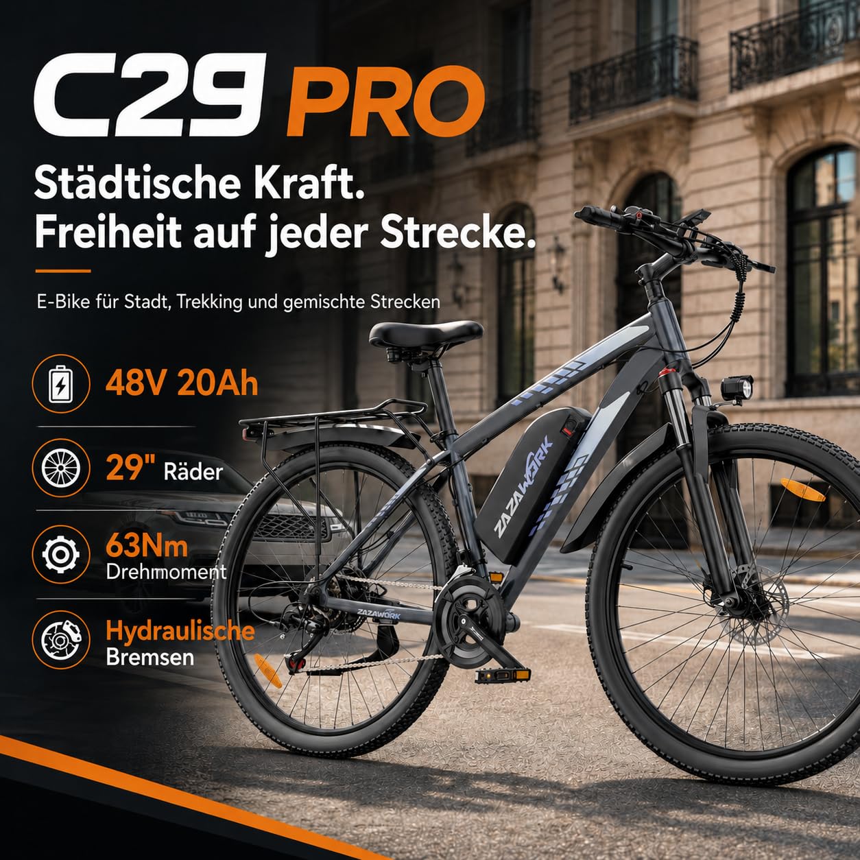 ZAZAWORK E Bike Mountainbike Herren 29 Zoll, Elektrofahrrad Pedelec 250W, 48V 20Ah Akku bis 120 km, Damen, mit 21-Gang-Schaltung, 63Nm, hydraulischen Scheibenbremsen, App, Offroad