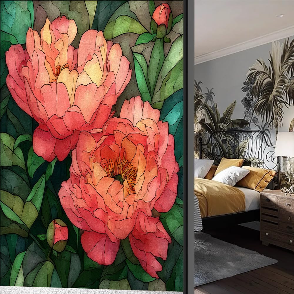 Nature Peony Bouquet Privacy Window Film, Colorful Floral Botanical Frosted Self-Adhesive Vinyl Cling for Glass Doors Bathroom Windows Sun Blocking Heat Control, 21.6Wx47.2L inch
