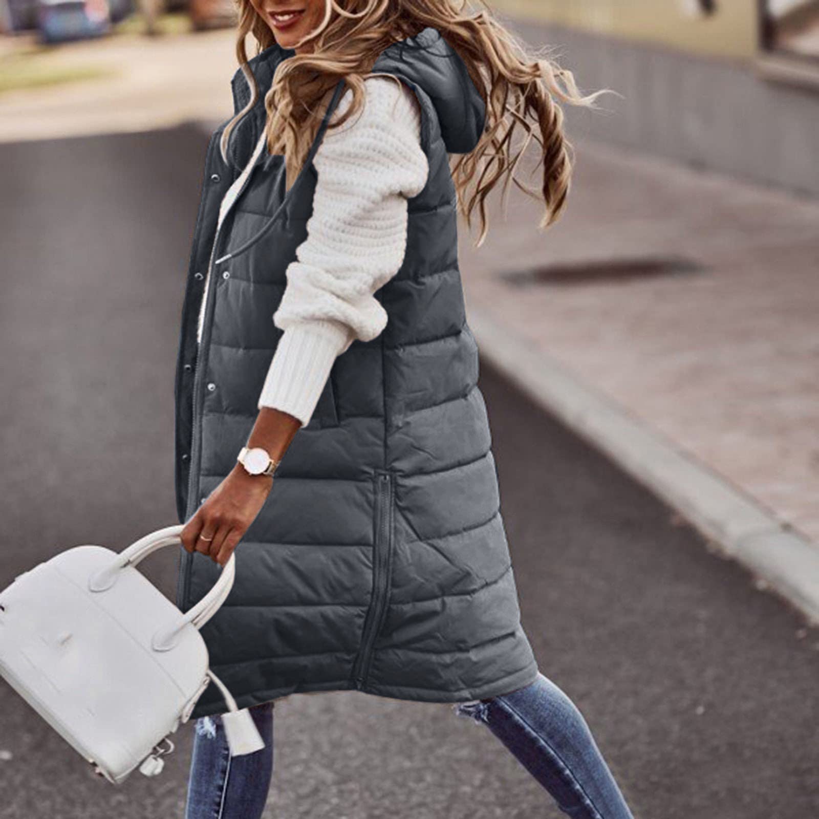 Damen Winter Ärmellose Mantel Weste Langer Hoodie Warmer Daunenmantel mit Taschen Outdoorjacke Glänzende