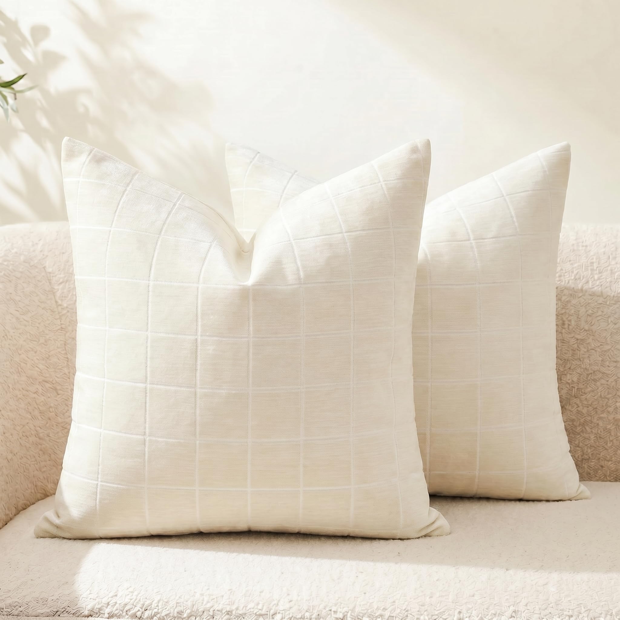 Neelvin Set of 2 Cushion Covers 65x65cm(26x26 inch) Chenille Plaid Checkered Decorative Throw Pillows Farmhouse Modern Soft Textured Neutral Style Sofa for Bedroom Living Room Cream White โ image 1