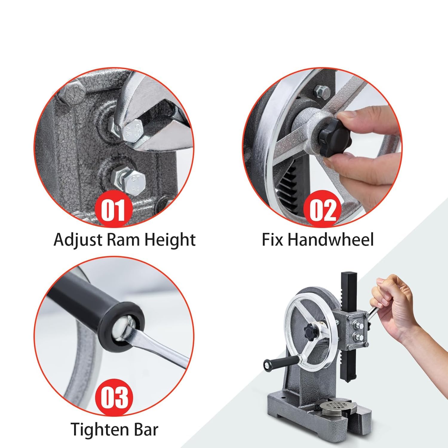 Prensa manual de eje resistente, 1 tonelada con apertura máxima de 135 mm, mesa de trabajo de 120 mm, ideal para estampar, doblar y fácil de usar como herramienta de escritorio