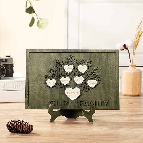 Vista 149 de Árbol genealógico con etiqueta de corazón, placas de madera grabadas personalizadas, regalos personalizados para madres, padres, escritorio, nombres