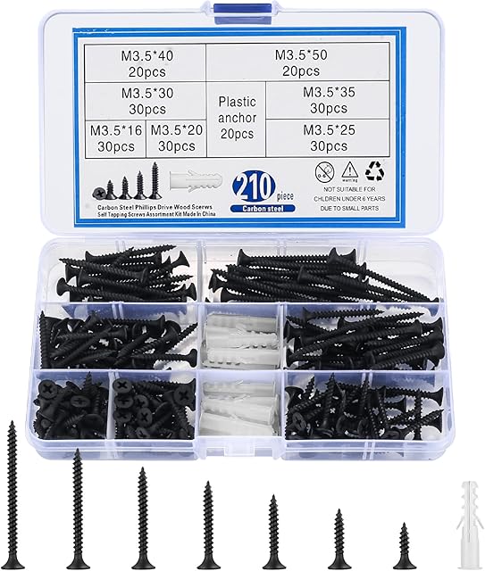 210 Pcs Self Tapping Wood Screws Assortment Set, M3.5 Black Cross Flat Round Head Drywall Plasterboard Screws, with Wall Plugs Anchors for Plasterboard, Drywall, Wood - 16/20/25/30/35/40/50 mm