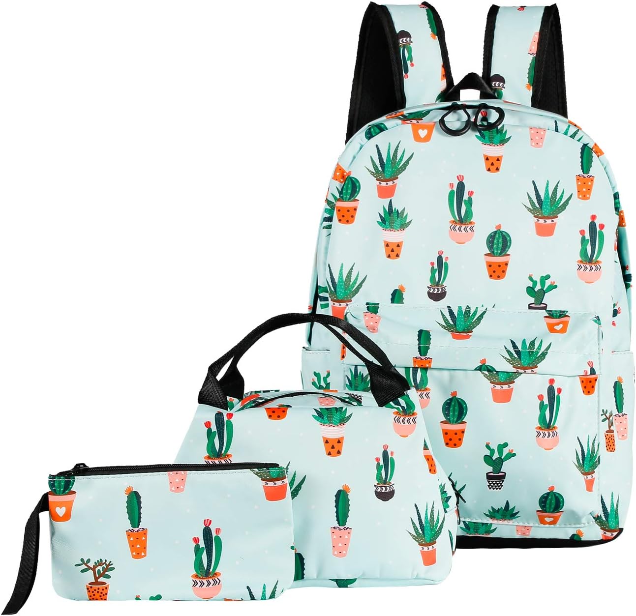 ABage 3pcs Backpack Set with Lunch Bag Clutch Purse, Lightweight Waterproof Laptop Bag Cute Travel Daypack, Green Cactus